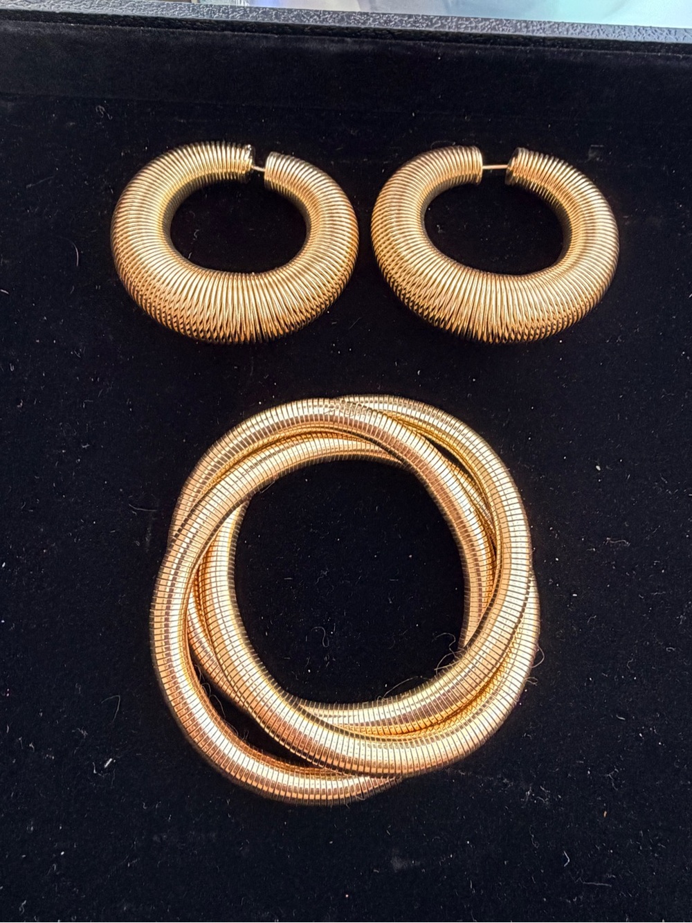 Gold Hoop Earrings and Coil Bracelet Set - Women Jewelry